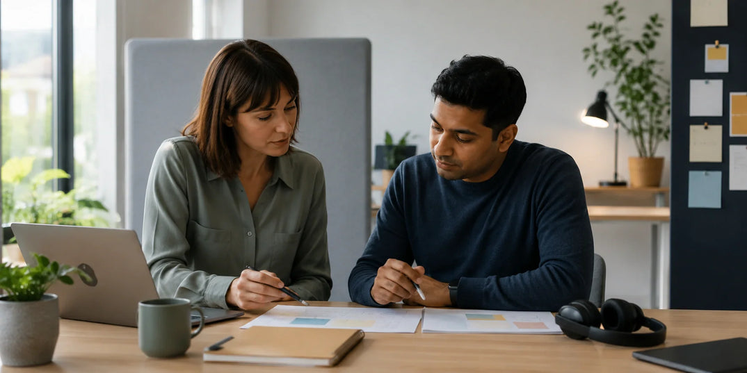 Autistic employee and colleague reviewing written project plans at an organised, accessible workstation with soft lighting and noise-reducing headphones nearby.