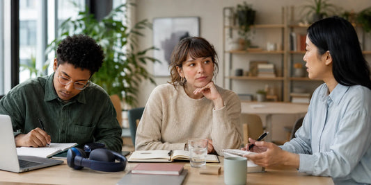 Three adults in a calm workplace discussion with notebooks, organised materials, and noise-reducing headphones, illustrating varied adult autistic experiences and thoughtful communication.