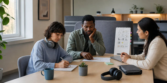 Three autistic adults participating in a structured workplace discussion with written plans, visual supports, and noise-reducing headphones in a calm, inclusive environment.