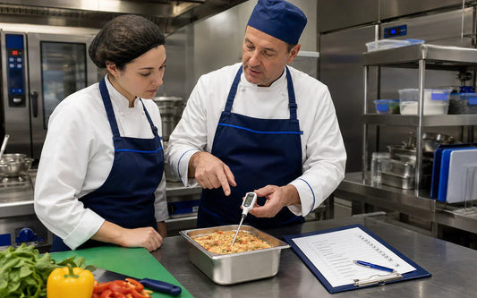 Kitchen staff conducting standard food hygiene and temperature monitoring procedures using a digital food probe and a compliance checklist.