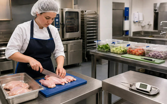 Food handler preparing poultry at a separate raw-food station in a commercial kitchen