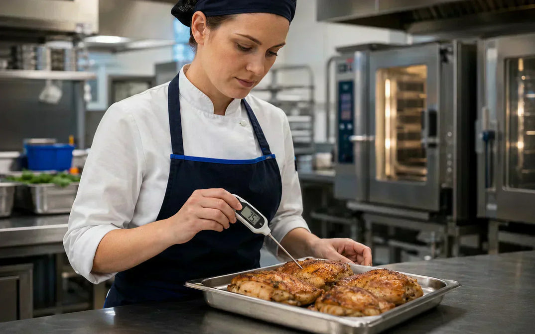 Food handler checking cooked food with a digital probe thermometer in a commercial kitchen