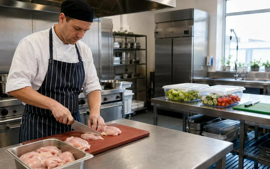 Food handler preparing raw chicken separately from ready-to-eat salad ingredients in a commercial kitchen 
