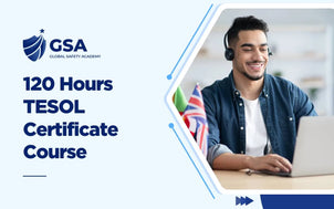 120 Hours TESOL Certificate Course featuring a smiling man with a headset studying on a laptop next to flags