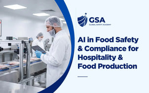 AI in Food Safety and Compliance for Hospitality and Food Production training course featuring a worker in protective gear using a digital tablet near a food processing conveyor line