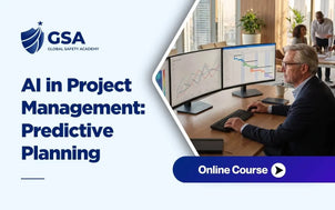 AI in Project Management: Predictive Planning online course featuring a professional man working at a desk with multiple monitors displaying data charts and project timelines