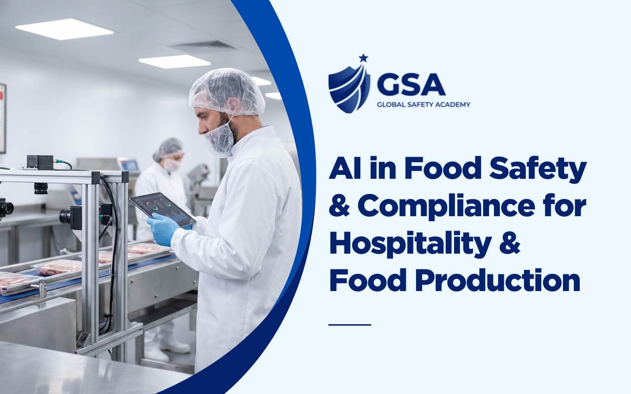 AI in Food Safety and Compliance for Hospitality and Food Production training course featuring a worker in protective gear using a digital tablet near a food processing conveyor line