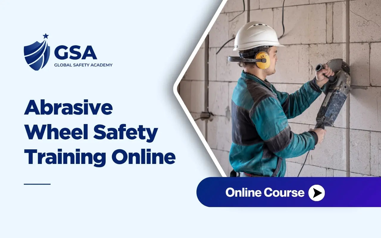 Abrasive Wheel Safety Training online course showing a construction worker operating a cutting wheel with PPE, demonstrating safe abrasive wheel use, hazard control, and workplace safety practices.