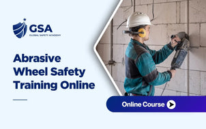 Abrasive Wheel Safety Training online course showing a construction worker operating a cutting wheel with PPE, demonstrating safe abrasive wheel use, hazard control, and workplace safety practices.