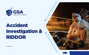 Accident Investigation & RIDDOR course banner showing a forensic investigator examining evidence.