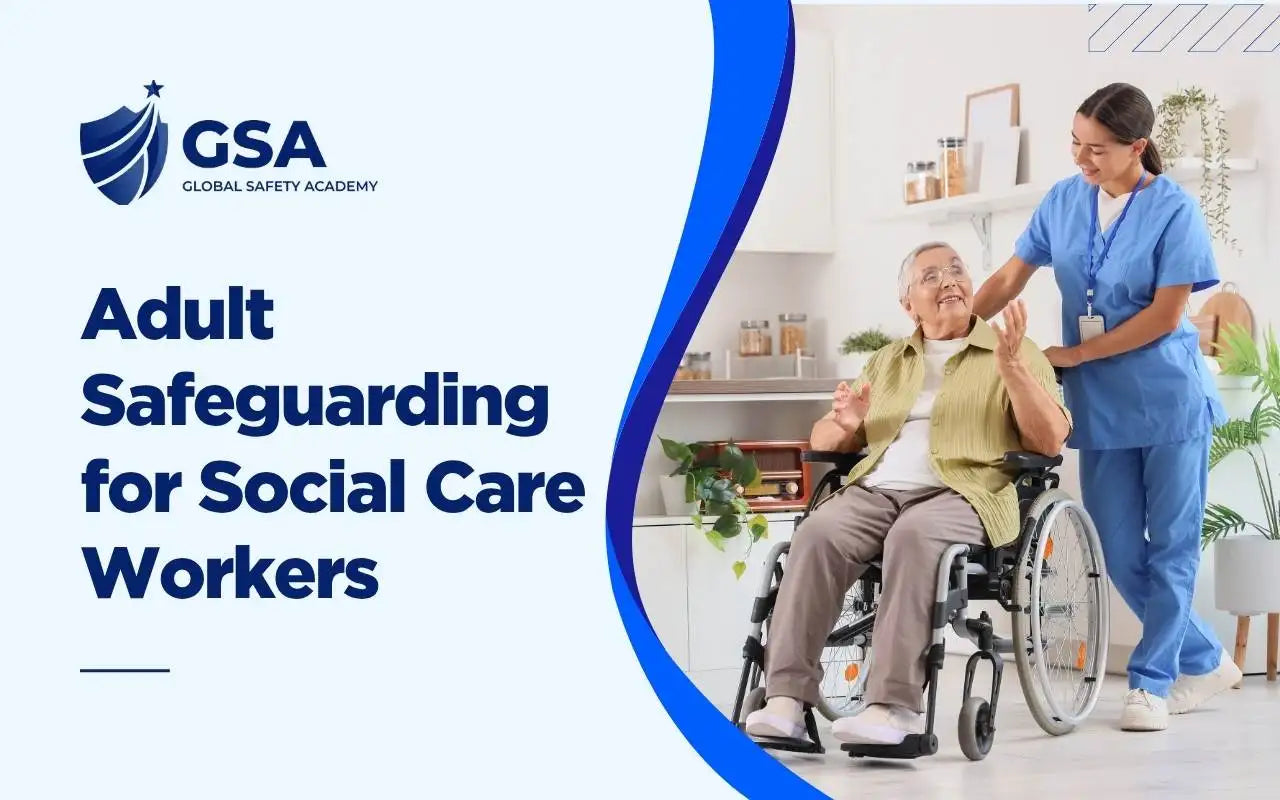 Adult Safeguarding for Social Care Workers training course featuring a care worker in blue scrubs assisting an elderly resident seated in a wheelchair in a bright room