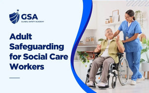 Adult Safeguarding for Social Care Workers training course featuring a care worker in blue scrubs assisting an elderly resident seated in a wheelchair in a bright room