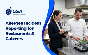 Allergen Incident Reporting for Restaurants and Caterers training with a manager holding a tablet and a chef preparing food in a commercial kitchen