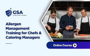 Allergen Management Training for Chefs & Catering Managers course featuring kitchen staff preparing food while following allergen control and food safety procedures.