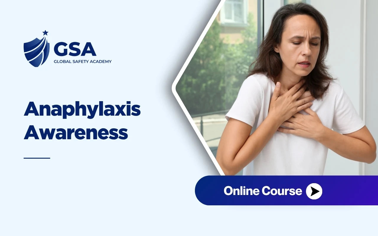 Course banner for Anaphylaxis Awareness by Global Safety Academy, showing a woman holding her throat while experiencing a severe allergic reaction or respiratory distress.