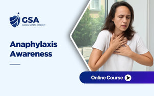 Course banner for Anaphylaxis Awareness by Global Safety Academy, showing a woman holding her throat while experiencing a severe allergic reaction or respiratory distress.