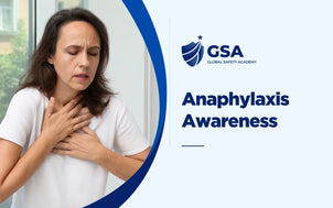 Course banner for Anaphylaxis Awareness by Global Safety Academy, showing a woman holding her throat while experiencing a severe allergic reaction or respiratory distress.
