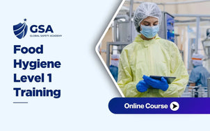 Course graphic for Food Hygiene Level 1 Training showing a worker in protective gear at a food manufacturing facility.