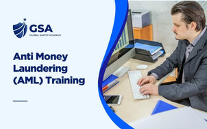 Anti Money Laundering AML Training course banner by Global Safety Academy featuring a professional working on a computer