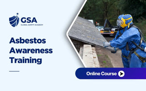 Asbestos Awareness Training course banner by Global Safety Academy showing workers in hazmat suits handling roofing panels