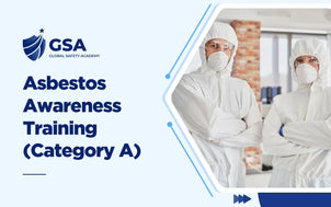 Course banner for Asbestos Awareness Training (Category A) by Global Safety Academy, showing two workers in white hazmat suits, respirators, and safety goggles.