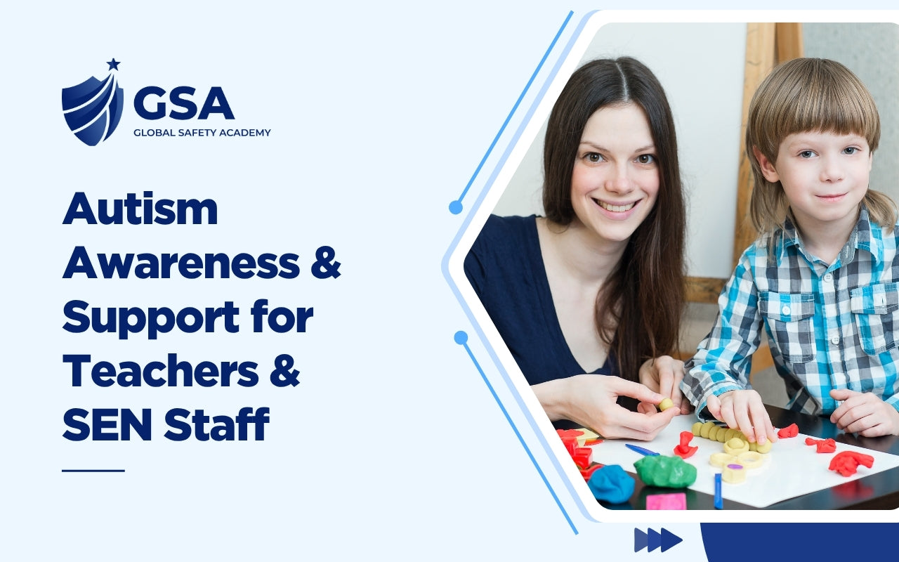Autism Awareness & Support training graphic depicting special educational needs (SEN) support, early childhood development, and classroom learning strategies.