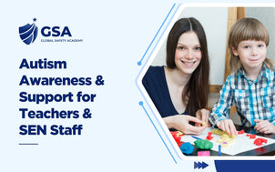Autism Awareness & Support training graphic depicting special educational needs (SEN) support, early childhood development, and classroom learning strategies.