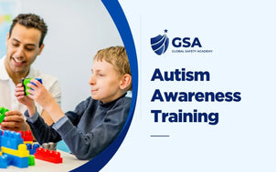Autism Awareness Training course banner by Global Safety Academy featuring a child and instructor playing with building blocks