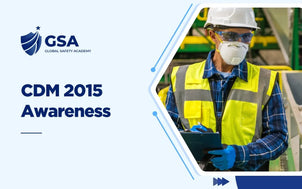 Course banner for CDM 2015 Awareness by Global Safety Academy, featuring a site inspector in a white hard hat, high-vis vest, protective mask, and safety glasses holding a clipboard.
