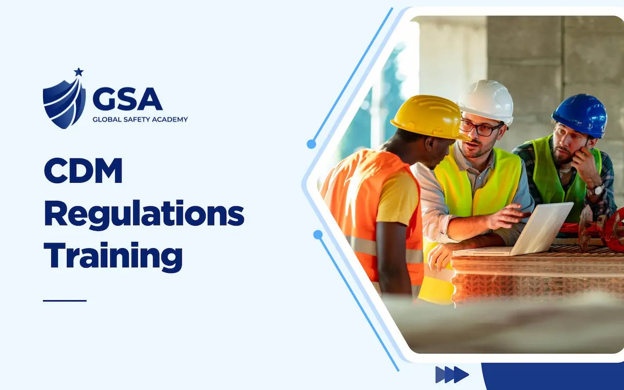 CDM Regulations Training visual with three construction workers using a laptop on a job site