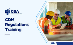 CDM Regulations Training visual with three construction workers using a laptop on a job site