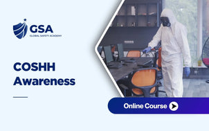 COSHH Awareness Training course featuring a worker in full protective equipment handling hazardous substance control and workplace chemical safety procedures.