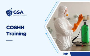 Professional worker wearing protective equipment during COSHH training on hazardous substance safety and chemical handling.