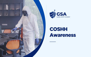 COSHH Awareness Training course featuring a worker in full protective equipment handling hazardous substance control and workplace chemical safety procedures.