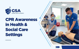 CPR Awareness in Health and Social Care Settings training course featuring healthcare professionals in blue scrubs and face masks practicing CPR on a medical training mannequin