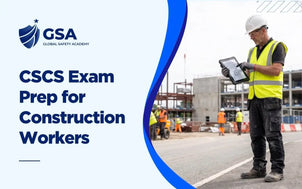 CSCS Exam Prep for Construction Workers training course featuring a worker in a hard hat, high-vis vest, and work gear reviewing plans on a digital tablet on a construction site