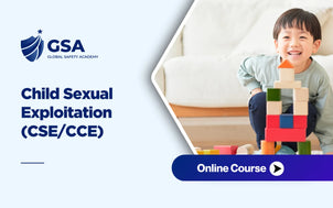 Child Sexual Exploitation training banner depicting a smiling child playing with wooden toy blocks.