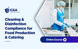 Global Safety Academy online course banner for Cleaning & Disinfection Compliance for Food Production & Catering showing a female worker wearing a hairnet, face mask, blue apron, and gloves operating on a food production line