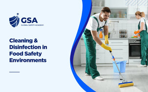 Promotional graphic for GSA Global Safety Academy titled 'Cleaning & Disinfection in Food Safety Environments,' showing two sanitation workers in green uniforms cleaning a kitchen with mops, a bucket, and cleaning supplies.