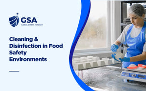 Cleaning & Disinfection in Food Safety Environments banner showing a food worker in protective gear handling fresh cheese.