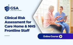 Clinical Risk Assessment for Care Home and NHS Frontline Staff online course featuring a healthcare worker in scrubs holding a tablet and talking with an elderly patient