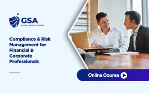 Compliance & Risk Management online course banner featuring Global Safety Academy logo and two corporate professionals discussing documents in an office setting.