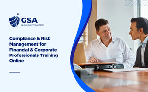 Compliance and risk management training banner showing professionals discussing financial documents in a corporate setting.