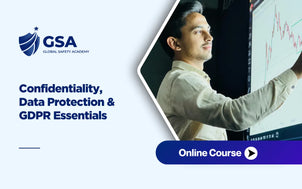 Confidentiality Data Protection and GDPR Essentials banner depicting a analyst interacting with a digital data display screen.