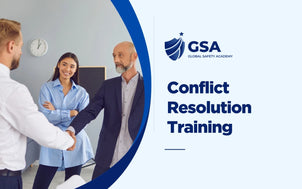 Conflict Resolution Training course banner by Global Safety Academy featuring colleagues handshaking in an office setting
