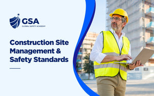 Construction Site Management & Safety Standards online course banner depicting a building inspector or safety supervisor reviewing project regulations.