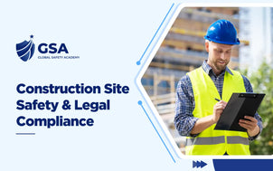 Global Safety Academy Construction Site Safety & Legal Compliance training banner showing a male site supervisor wearing a blue hard hat and high-visibility vest filling out a checklist on a clipboard outdoors
