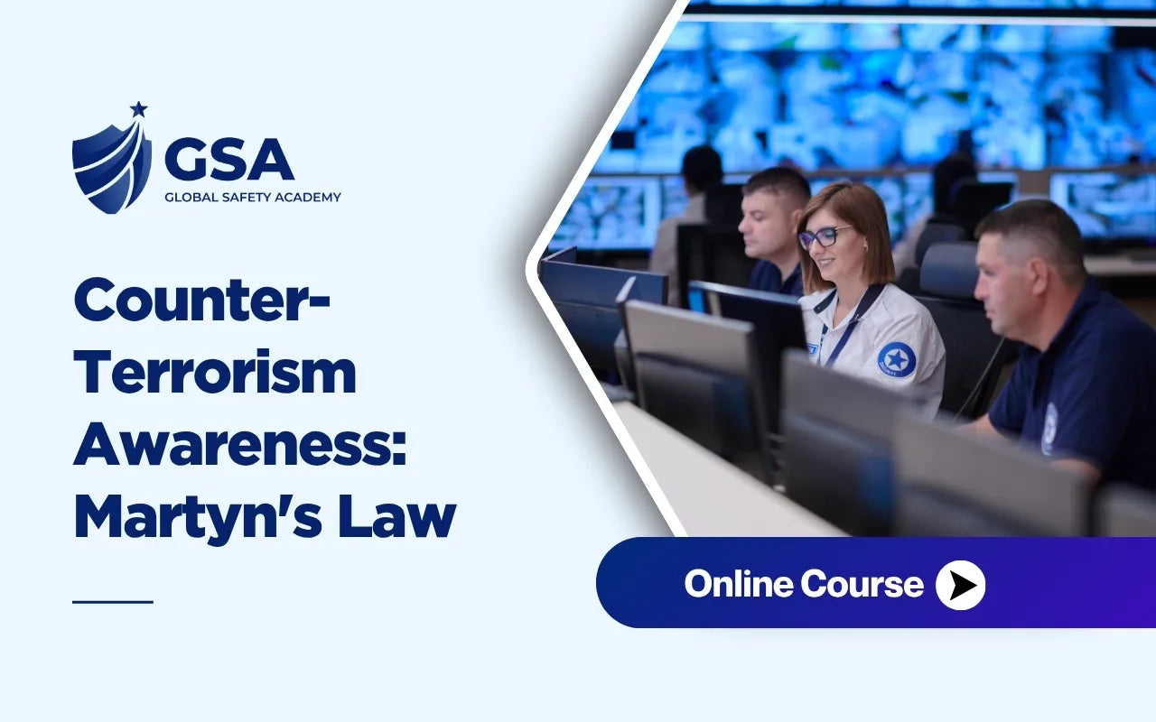 Security professionals monitoring surveillance systems during Counter-Terrorism Awareness: Martyn’s Law training, focusing on threat awareness, public safety, risk management, and emergency preparedness.