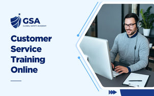 Customer Service Training Online banner by Global Safety Academy featuring a call center representative wearing a headset