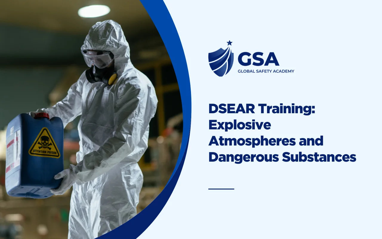 DSEAR training banner showing a worker handling hazardous substances with protective equipment for explosive atmosphere safety.